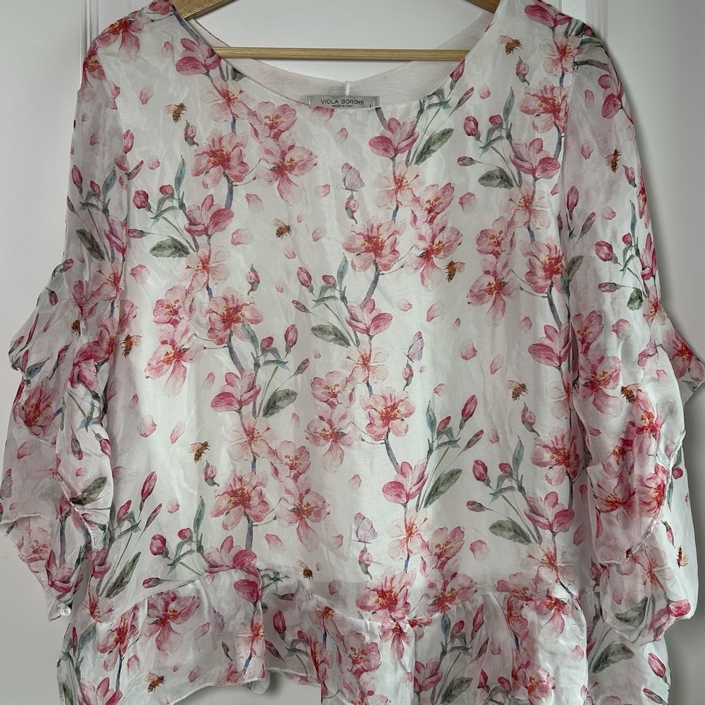 Viola Borghi Silk Blend Made in Italy Cherry Blossom Floral Ruffle Sleeve Blouse